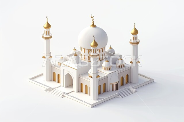 Exterior design and decoration of an elegant mosque in the Islamic style, a 3D model of a white mosque with modern domes and minarets, worship and drawing closer to God in mosques, white background