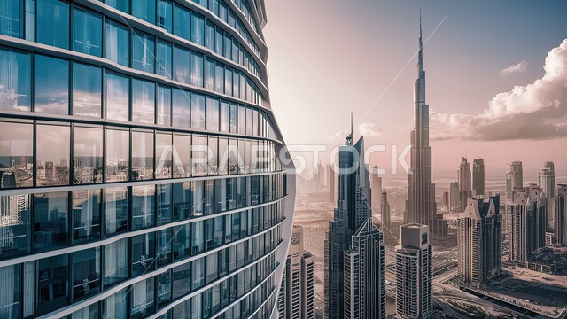 منظر برج خليفة الشهير، الهندسة الفنية المعمارية على الطراز الحديث والمتطور لبناء المباني وناطحات السحاب في مدينة دبي, أماكن ومعالم سياحية مشهورة, الأبراج والمنشآت التجارية في مدينة الإمارات العربية المتحدة
