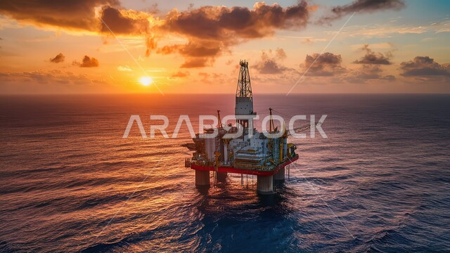 مستودعات تخزين مؤقت ضخمة و كبيرة، صناعات ومشاريع بيتروكيماوية، هندسات ومعدات صناعية, معالجة البترول في معامل المملكة العربية السعودية، منصة استخراج النفط والغاز وسط البحر، منظر غروب الشمس في السماء المليئة بالغيوم