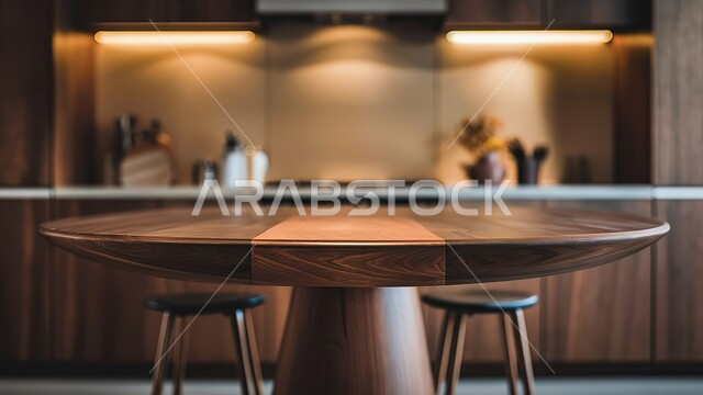 طاولة خشبية مستديرة وكراسي، فنون الهندسة المعمارية المتميزة الحديثة، مطبخ بديكورات داخلية عصرية فاخرة، شقق وفلل سكنية في السعودية، استخدام الطراز الفني الراقي في الأثاث المنزلي