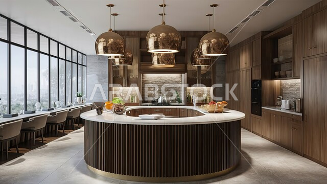 فنون الهندسة المعمارية المتميزة الحديثة، مطبخ بديكورات داخلية عصرية فاخرة، واجهة زجاجية مطلة على البيوت السكنية، شقق وفلل سكنية في السعودية، أدوات كهربائية متطورة بتقنيات عالية، استخدام الطراز الفني الراقي في الأثاث المنزلي