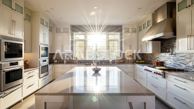 نافذة زجاجية مطلة على الطبيعة، فنون الهندسة المعمارية المتميزة الحديثة، مطبخ بديكورات داخلية عصرية فاخرة، شقق وفلل سكنية في السعودية، أدوات كهربائية متطورة بتقنيات عالية، استخدام الطراز الفني الراقي في الأثاث المنزلي