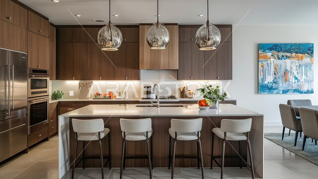 Advanced electrical tools with high technologies, distinguished modern architectural arts, a kitchen with luxurious modern interiors, residential apartments and villas in Saudi Arabia, the use of the high-end artistic style in home furniture.