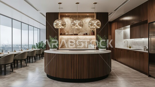 مطبخ بديكورات داخلية عصرية فاخرة، واجهة زجاجية مطلة على البيوت السكنية، فنون الهندسة المعمارية المتميزة الحديثة، شقق وفلل سكنية في السعودية، أدوات كهربائية متطورة بتقنيات عالية، استخدام الطراز الفني الراقي في الأثاث المنزلي