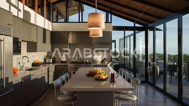 واجهة زجاجية مطلة على الطبيعة، مطبخ بديكورات داخلية عصرية فاخرة، فنون الهندسة المعمارية المتميزة الحديثة، شقق وفلل سكنية في السعودية، أدوات كهربائية متطورة بتقنيات عالية، استخدام الطراز الفني الراقي في الأثاث المنزلي