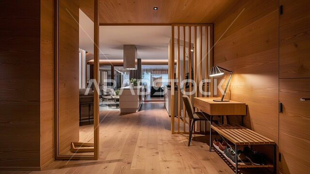 Luxurious wooden interiors, modern interior design for a luxury home, residential villas with modern designs, the concept of geometric architectural art in Saudi Arabia, accessories, antiques and upscale home furniture