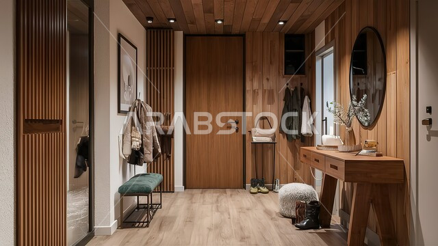 Modern interior design of a luxury home, luxurious wooden interiors, residential villas with modern designs, the concept of geometric architectural art in Saudi Arabia, accessories, antiques, and upscale home furniture