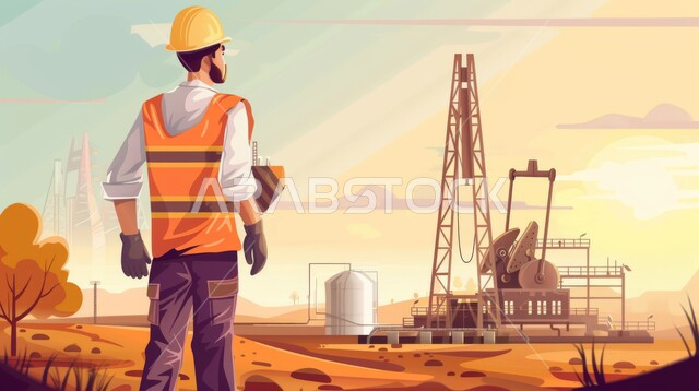 Cartoon drawings of a Saudi-Gulf Arab engineer wearing a protective jacket and helmet, monitoring the progress of factory work, the quality of oil production laboratories and equipment, Saudi professions and jobs, adopting modern techniques and technology in gas production in the Kingdom of Saudi Arabia, background of the oil refinery