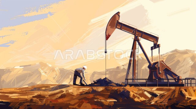 Quality of oil production laboratories and equipment, adoption of modern techniques and technology in gas production in the Kingdom of Saudi Arabia, cartoon drawings of a Saudi-Gulf Arab engineer wearing a protective helmet working on an oil refinery, following up on the progress of factory work, Saudi professions and jobs