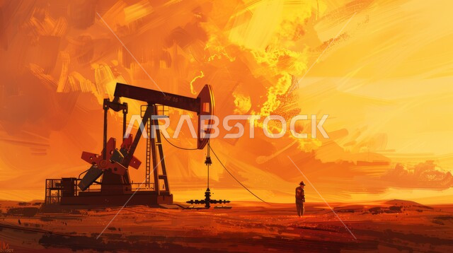 اعتماد التقنيات والتكنولوجيا الحديثة في إنتاجية الغاز في المملكة العربية السعودية, جودة معامل ومعدات إنتاج النفط, رسوم كرتونية لمهندس عربي سعودي خليجي يرتدي خوذة الحماية يقوم بالعمل على مصفاة البترول، متابعة سير أعمال المصنع، مهن ووظائف سعودية