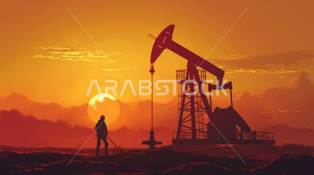 Cartoon drawings of a Saudi-Gulf Arab engineer wearing a protective helmet working on an oil refinery, quality of oil production laboratories and equipment, adopting modern techniques and technology in gas production in the Kingdom of Saudi Arabia, following up on the progress of factory work, Saudi professions and jobs