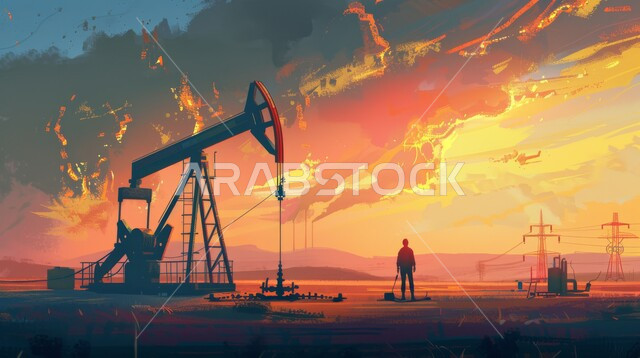 اعتماد التقنيات والتكنولوجيا الحديثة في إنتاجية الغاز في المملكة العربية السعودية, جودة معامل ومعدات إنتاج النفط, رسوم كرتونية لمهندس عربي سعودي خليجي يرتدي خوذة الحماية يقوم بالعمل على مصفاة البترول، متابعة سير أعمال المصنع، مهن ووظائف سعودية