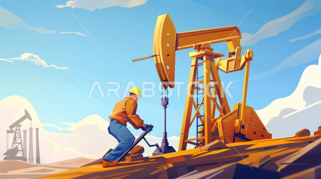 جودة معامل ومعدات إنتاج النفط, اعتماد التقنيات والتكنولوجيا الحديثة في إنتاجية الغاز في المملكة العربية السعودية, رسوم كرتونية لمهندس عربي سعودي خليجي يرتدي خوذة الحماية يقوم بالعمل على مصفاة البترول، متابعة سير أعمال المصنع، مهن ووظائف سعودية
