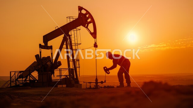 متابعة سير أعمال المصنع، اعتماد التقنيات والتكنولوجيا الحديثة في إنتاجية الغاز في المملكة العربية السعودية, صورة من الجانب لمهندس عربي خليجي سعودي يرتدي سترة وخوذة الحماية يقوم بالعمل على مصفاة البترول في وقت الغروب، جودة معامل ومعدات إنتاج النفط, مهن ووظائف سعودية