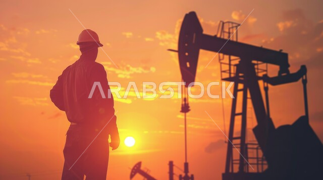 متابعة سير أعمال المصنع، اعتماد التقنيات والتكنولوجيا الحديثة في إنتاجية الغاز في المملكة العربية السعودية, صورة من الجانب لمهندس عربي خليجي سعودي يرتدي سترة وخوذة الحماية يقوم بالعمل على مصفاة البترول في وقت الغروب، جودة معامل ومعدات إنتاج النفط, مهن ووظائف سعودية