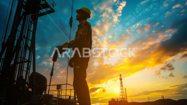 Following up on the progress of the factory’s work, adopting modern techniques and technology in gas production in the Kingdom of Saudi Arabia, a side photo of a Saudi Gulf Arab engineer wearing a protective jacket and helmet working on the oil refinery at sunset, the quality of oil production laboratories and equipment, Saudi professions and jobs