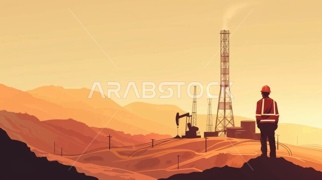 النمو والتقدم الاقتصادي، مشاريع صناعية بتروكيماوية، متابعة سير أعمال المصنع، رسوم كرتونية لمهندس عربي خليجي سعودي يرتدي خوذة الوقاية، اعتماد التقنيات والتكنولوجيا الحديثة في إنتاجية الغاز في المملكة العربية السعودية, جودة معامل ومعدات إنتاج النفط