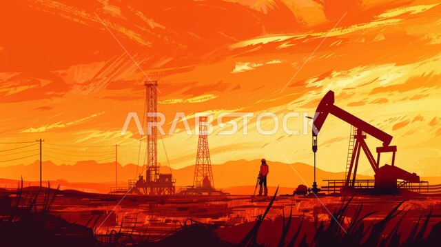 Engineering professions and jobs, monitoring the progress of factory work, cartoon drawings of a Saudi Gulf Arab engineer wearing a protective helmet, adopting modern techniques and technology in gas production in the Kingdom of Saudi Arabia, quality of oil production plants and equipment, petrochemical industrial projects
