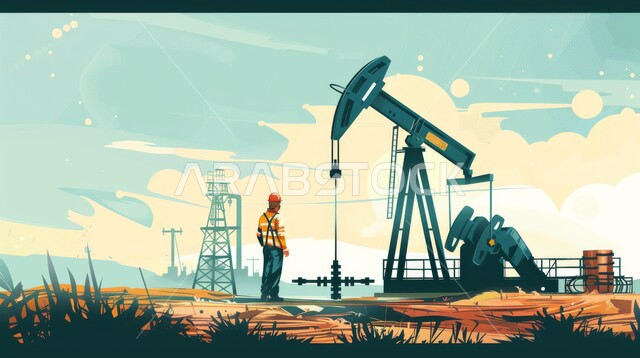 Economic growth and progress, petrochemical industrial projects, monitoring the progress of factory work, cartoon drawings of a Saudi Gulf Arab engineer wearing a safety helmet, adopting modern techniques and technology in gas production in the Kingdom of Saudi Arabia, quality of oil production plants and equipment.