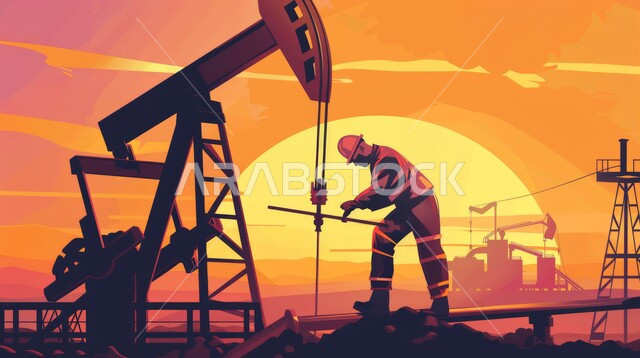 متابعة سير أعمال المصنع، رسوم كرتونية لمهندس عربي خليجي سعودي يرتدي خوذة الوقاية، اعتماد التقنيات والتكنولوجيا الحديثة في إنتاجية الغاز في المملكة العربية السعودية, جودة معامل ومعدات إنتاج النفط, مهن ووظائف هندسية، مشاريع صناعية بتروكيماوية