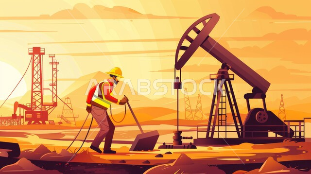 Engineering professions and jobs, monitoring the progress of factory work, cartoon drawings of a Saudi Gulf Arab engineer wearing a protective helmet, adopting modern techniques and technology in gas production in the Kingdom of Saudi Arabia, quality of oil production plants and equipment, petrochemical industrial projects