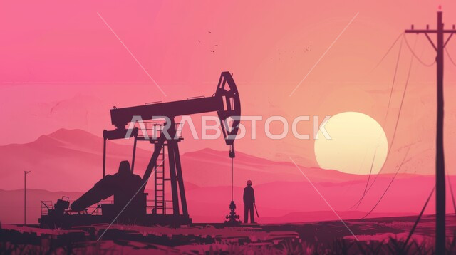 Petrochemical industrial projects, engineering professions and jobs, monitoring the progress of factory work, cartoon drawings of a Saudi Gulf Arab engineer wearing a safety helmet, adopting modern techniques and technology in gas production in the Kingdom of Saudi Arabia, quality of oil production plants and equipment.