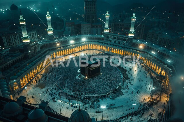 تجمع المسلمين من انحاء العالم، طواف حجاج بيت الله الحرام حول الكعبة المشرفة، الحرم المكي الشريف في مكة المكرمة في المملكة العربية السعودية، أداء مناسك الحج والعمرة، العبادة والتقرب إلى الله، معالم و أماكن إسلامية مقدسة دينية