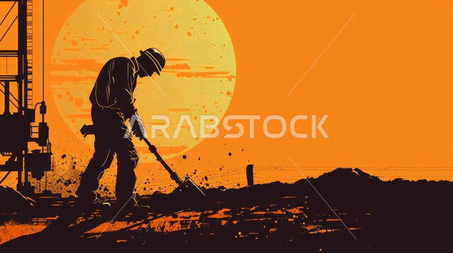 اعتماد التقنيات والتكنولوجيا الحديثة في إنتاجية الغاز في المملكة العربية السعودية, جودة معامل ومعدات إنتاج النفط, رسوم كرتونية لمهندس عربي خليجي سعودي يرتدي خوذة الوقاية، متابعة سير أعمال المصنع، مهن ووظائف هندسية، مشاريع صناعية بتروكيماوية