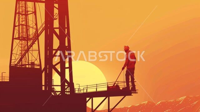 اعتماد التقنيات والتكنولوجيا الحديثة في إنتاجية الغاز في المملكة العربية السعودية, جودة معامل ومعدات إنتاج النفط, رسوم كرتونية لمهندس عربي خليجي سعودي يرتدي خوذة الوقاية، متابعة سير أعمال المصنع، مهن ووظائف هندسية، مشاريع صناعية بتروكيماوية