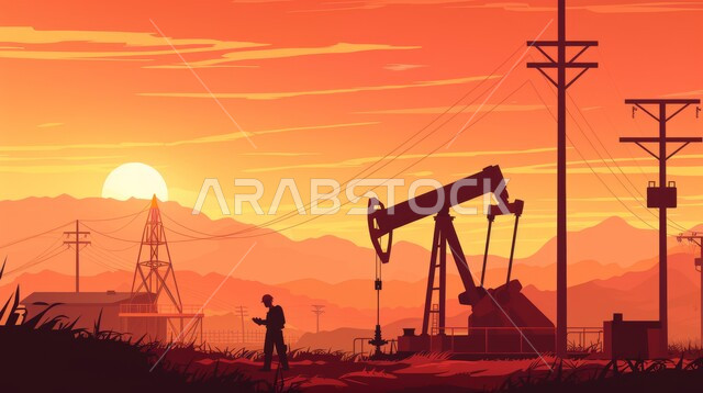 مهن ووظائف هندسية، متابعة سير أعمال المصنع، رسوم كرتونية لمهندس عربي خليجي سعودي يرتدي خوذة الوقاية، اعتماد التقنيات والتكنولوجيا الحديثة في إنتاجية الغاز في المملكة العربية السعودية, جودة معامل ومعدات إنتاج النفط, مشاريع صناعية بتروكيماوية