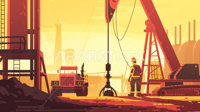 متابعة سير أعمال المصنع، رسوم كرتونية لمهندس عربي خليجي سعودي يرتدي خوذة الوقاية، اعتماد التقنيات والتكنولوجيا الحديثة في إنتاجية الغاز في المملكة العربية السعودية, جودة معامل ومعدات إنتاج النفط, مهن ووظائف هندسية، مشاريع صناعية بتروكيماوية