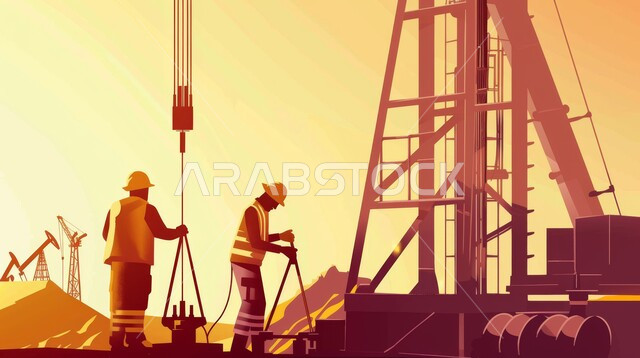 مهن ووظائف هندسية، متابعة سير أعمال المصنع، رسوم كرتونية لمهندس عربي خليجي سعودي يرتدي خوذة الوقاية، اعتماد التقنيات والتكنولوجيا الحديثة في إنتاجية الغاز في المملكة العربية السعودية, جودة معامل ومعدات إنتاج النفط, مشاريع صناعية بتروكيماوية