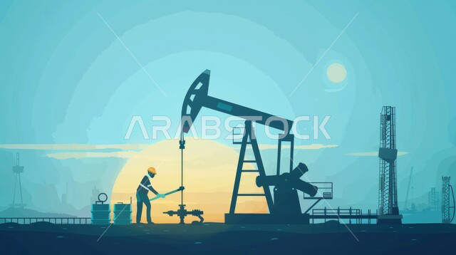 Cartoon drawings of a Saudi Gulf Arab engineer wearing a protective helmet, adopting modern techniques and technology in gas production in the Kingdom of Saudi Arabia, quality of oil production plants and equipment, following up on the progress of factory work, engineering professions and jobs, petrochemical industrial projects