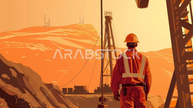 مشاريع صناعية بتروكيماوية، مهن ووظائف هندسية، متابعة سير أعمال المصنع، رسوم كرتونية لمهندس عربي خليجي سعودي يرتدي خوذة الوقاية، اعتماد التقنيات والتكنولوجيا الحديثة في إنتاجية الغاز في المملكة العربية السعودية, جودة معامل ومعدات إنتاج النفط