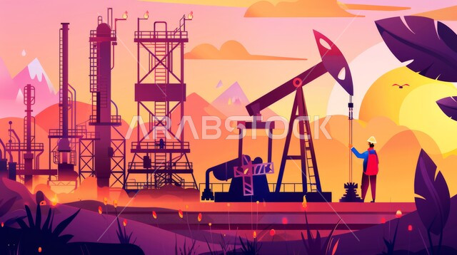 Following up on the progress of the factory’s work, cartoon drawings of a Saudi Gulf Arab engineer wearing a protective helmet, adopting modern techniques and technology in gas production in the Kingdom of Saudi Arabia, quality of oil production plants and equipment, engineering professions and jobs, petrochemical industrial projects