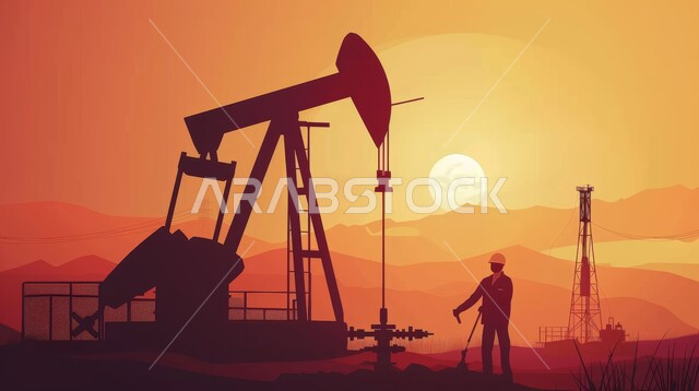 Quality of oil production plants and equipment, adoption of modern techniques and technology in gas production in the Kingdom of Saudi Arabia, cartoon drawings of a Saudi Gulf Arab engineer wearing a protective helmet, following up on the progress of factory work, engineering professions and jobs, petrochemical industrial projects