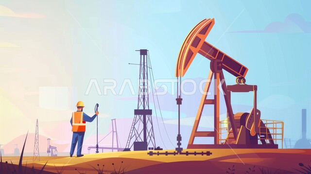 جودة معامل ومعدات إنتاج النفط, اعتماد التقنيات والتكنولوجيا الحديثة في إنتاجية الغاز في المملكة العربية السعودية, رسوم كرتونية لمهندس عربي خليجي سعودي يرتدي خوذة الوقاية، متابعة سير أعمال المصنع، مهن ووظائف هندسية، مشاريع صناعية بتروكيماوية