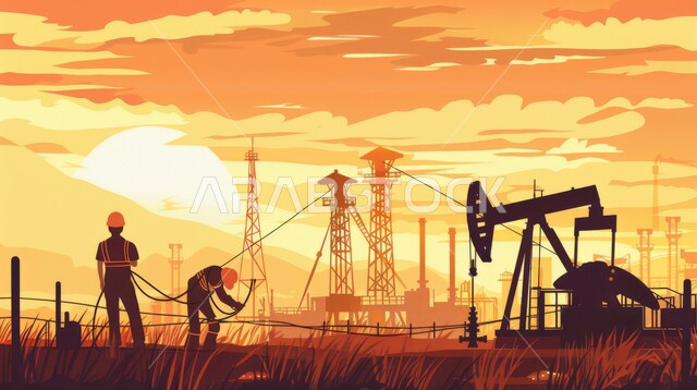 اعتماد التقنيات والتكنولوجيا الحديثة في إنتاجية الغاز في المملكة العربية السعودية, جودة معامل ومعدات إنتاج النفط, رسوم كرتونية لمهندس عربي خليجي سعودي يرتدي خوذة الوقاية، متابعة سير أعمال المصنع، مهن ووظائف هندسية، مشاريع صناعية بتروكيماوية