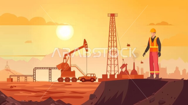 اعتماد التقنيات والتكنولوجيا الحديثة في إنتاجية الغاز في المملكة العربية السعودية, جودة معامل ومعدات إنتاج النفط, رسوم كرتونية لمهندس عربي خليجي سعودي يرتدي خوذة الوقاية، متابعة سير أعمال المصنع، مهن ووظائف هندسية، مشاريع صناعية بتروكيماوية