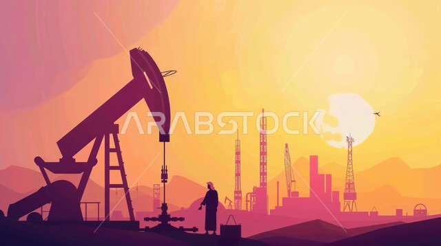 رسوم كرتونية لمهندس عربي خليجي سعودي يرتدي خوذة الوقاية، اعتماد التقنيات والتكنولوجيا الحديثة في إنتاجية الغاز في المملكة العربية السعودية, جودة معامل ومعدات إنتاج النفط, متابعة سير أعمال المصنع، مهن ووظائف هندسية، مشاريع صناعية بتروكيماوية