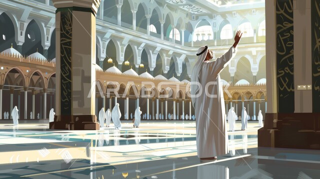 معالم وأماكن إسلامية دينية، العبادة والتقرب إلى الله، رسوم توضيحية لرجل عربي مسلم يرتدي الزي التقليدي يرفع يده بإيماءات السلام والتحية، الاشتياق والحنين إلى المساجد المقدسة في السعودية