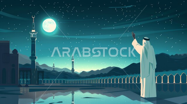 Illustrations of an Arab Muslim man wearing traditional clothing raising his hand with gestures of peace and greeting, Islamic religious landmarks and places, worship and closeness to God, longing and nostalgia for the holy mosques in Saudi Arabia
