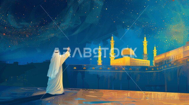 الاشتياق والحنين إلى المساجد المقدسة في السعودية، معالم وأماكن إسلامية دينية، العبادة والتقرب إلى الله، رسوم توضيحية لرجل عربي مسلم يرتدي الزي التقليدي يرفع يده بإيماءات السلام والتحية