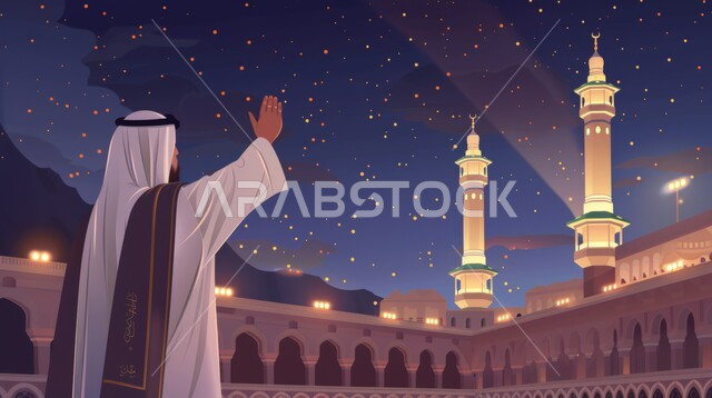 الاشتياق والحنين إلى المساجد المقدسة في السعودية، معالم وأماكن إسلامية دينية، العبادة والتقرب إلى الله، رسوم توضيحية لرجل عربي مسلم يرتدي الزي التقليدي يرفع يده بإيماءات السلام والتحية