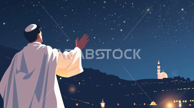 معالم وأماكن إسلامية دينية، العبادة والتقرب إلى الله، رسوم توضيحية لرجل عربي مسلم يرتدي الزي التقليدي يرفع يده بإيماءات السلام والتحية، الاشتياق والحنين إلى المساجد المقدسة في السعودية