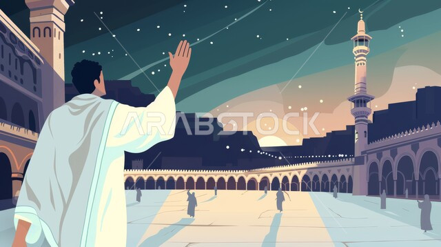 معالم وأماكن إسلامية دينية، العبادة والتقرب إلى الله، رسوم توضيحية لرجل عربي مسلم يرتدي الزي التقليدي يرفع يده بإيماءات السلام والتحية، الاشتياق والحنين إلى المساجد المقدسة في السعودية