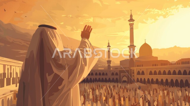 العبادة والتقرب إلى الله، معالم وأماكن إسلامية دينية، رسوم توضيحية لرجل عربي مسلم يرتدي الزي التقليدي يرفع يده بإيماءات السلام والتحية، الاشتياق والحنين إلى المساجد المقدسة في السعودية