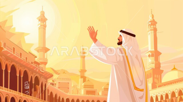 معالم وأماكن إسلامية دينية، العبادة والتقرب إلى الله، رسوم توضيحية لرجل عربي مسلم يرتدي الزي التقليدي يرفع يده بإيماءات السلام والتحية، الاشتياق والحنين إلى المساجد المقدسة في السعودية