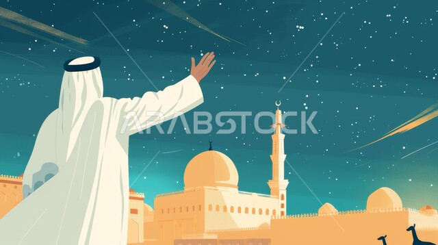 العبادة والتقرب إلى الله، معالم وأماكن إسلامية دينية، رسوم توضيحية لرجل عربي مسلم يرتدي الزي التقليدي يرفع يده بإيماءات السلام والتحية، الاشتياق والحنين إلى المساجد المقدسة في السعودية