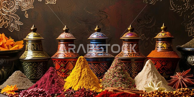 Popular traditional markets for selling spices and aromatics, a view displaying colorful and varied spices, natural flavorings and dyes for foods and foods, plants with health and therapeutic benefits, local Saudi national agricultural products and crops
